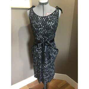 Vintage Sleeveless Dress, Satin W/ Lace/ Ribbon Overlay, Black & Gray, Belt